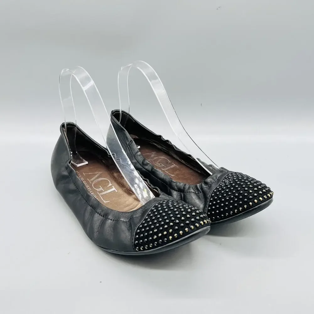 AGL Shoes Womens 9.5 Black Leather Studded Cap Toe Ballet Flats Slip On Comfort